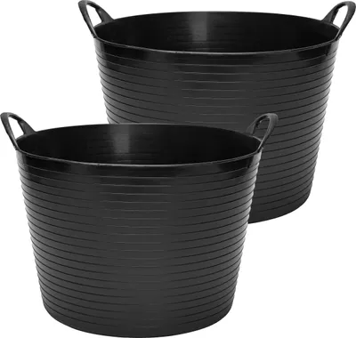 Image de Garronda Seau en plastique souple, lot de 2, 42 l, pour le jardin, le bâtiment, la maison et le transport, conteneur universel robuste avec poignées GD-0183 (noir)