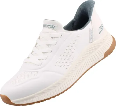 A single white Skechers Bobs Squad 4 Direct Step Slip-On shoe is shown against a white background.