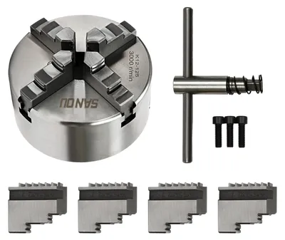 Produktbild von Drehfutter 125 mm - 4-Backen selbstzentrierend - 0,07 mm Rundlaufgenauigkeit - 3000 U/min - Guss/Stahl - mit Schlüssel und Backensatz - silber