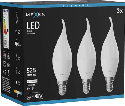 Obrázek produktu pro Mexen Nova 3x LED žárovka plamen E14, C37, 5W, Neutrální - 4000K, 525 lm - L106-E14-0540-01x03