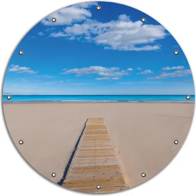 Produktbild von Wallario rundes Outdoor-Poster für Garten oder Balkon, Motiv Auf dem Holzweg zum blauen Meer, 90 cm Durchmesser