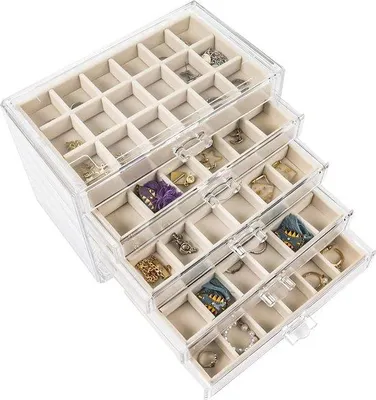 Produktbild von Famanu Schmuckaufbewahrungsbox mit 5 Schubladen - Organizer für Ringe und Ohrringe - Beige Acryl