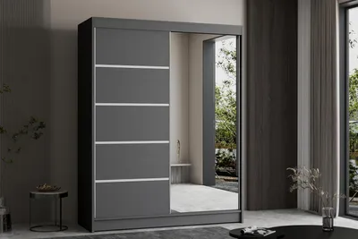 Produktbild von Krudox Kleiderschrank Schiebetür Grau 150 cm mit Spiegel Schlafzimmer Mehrzweckschrank mit Kleiderstange