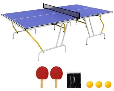 Zdjęcie produktu dla Stół do ping ponga - Profesjonalny stół do ping ponga do użytku w pomieszczeniach - Składany, wymiary 274x152x76 cm - Rama metalowa, regulowane nóżki - W zestawie siatka, 2 rakiety, 3 piłki - Kolor niebieski
