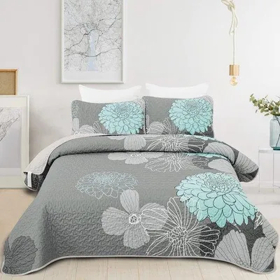 Zdjęcie produktu dla Komplet pościeli Unyqoos® do łóżka dwuosobowego, 220 x 240 cm, 100% poliester, wzór kwiatowy w kolorze zielonym – zawiera 2 poszewki na poduszki 48 x 75 cm