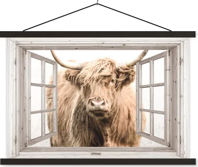 Produktbild von MuchoWow® Textilposter Schottisches Hochlandrind - Fenster - Nebel - Ausblick 90x60 cm mit schwarzem Rahmen - Aufhängungssatz