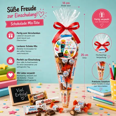 Produktbild von Einschulung Schokolade Mix-Tüte 200 g – Alles Gute zur Einschulung, Geschenk für Schulanfänger – Candy & Bar®, KI-generiertes Bild