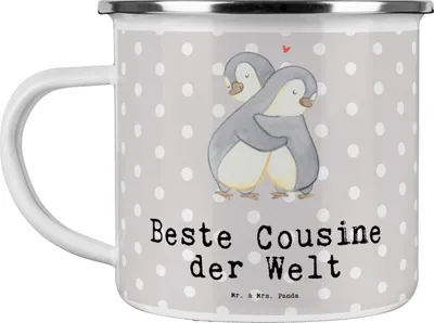Produktbild von Mr. & Mrs. Panda Teetasse Pinguin Beste Cousine der Welt - Grau Pastell - Geschenk, becher emaille, Cousin, Familie, Teebecher, Pott, Geschenkidee, Kusine, Verwandtschaft