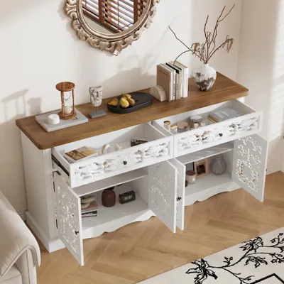 Produktbild von Sideboard mit Schnitzfronten, Beistellschrank mit Lasergeschnittenen Türen und Schubladen, Aufbewahrungsschrank, Weiß, MDF, 160 x 40 x 80 cm