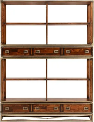Produktbild von Casa Padrino Luxus Vintage Stil Regalschrank Braun / Messing 152 x 35 x H. 200,5 cm - Vintage Stil Bücherschrank mit 6 Schubladen - Luxus Wohnzimmer Massivholz Möbel im Vintage Stil