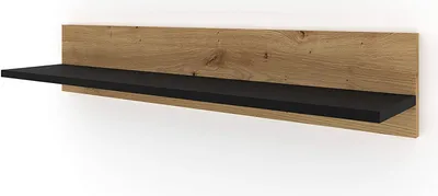 A modern wall shelf with a wood-effect back panel and a black shelf.