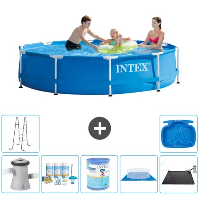 Produktbild von Intex Rundrahmen-Schwimmbecken – 305 x 76 cm – Blau – inklusive Pumpe Wartungspaket - Filter - Bodenplane - Solarmatte - Leiter - Fußbad
