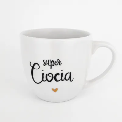 Zdjęcie produktu dla Biały Kubek Porcelanowy 300 ml - Napis Super Ciocia i Złote Serce dla Cioci na Urodziny