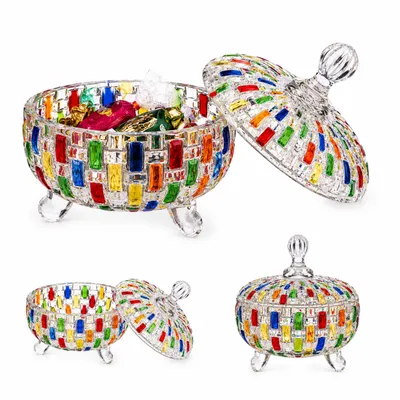 Produktbild von Bunter Kristall-Bonbonglas mit Deckel, Weihnachts-Bonbonglas, süßes Bonbonglas, Glasbehälter mit Deckel, 24 oz