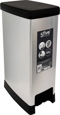 A silver and black slim trash can with a black lid.