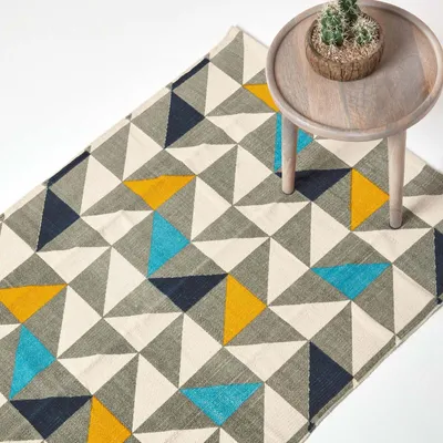 Produktbild von HOMESCAPES Baumwoll-Teppich Copenhagen im Skandi-Look mit geometrischem Muster in Blau, Gelb und Grau, 160 x 230 cm