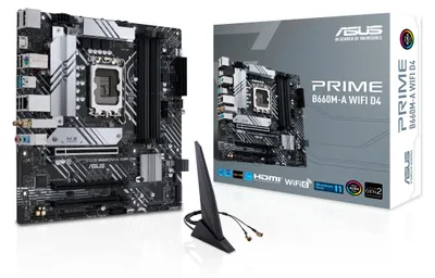 Zdjęcie produktu dla ASUS PRIME B660M-A WIFI D4, Intel, LGA 1700, Intel® Celeron®, Intel® Core™ i3, Intel® Core™ i5, Intel® Core™ i7, Intel® Core™ i9,..., DDR4-SDRAM, 128 GB, DIMM