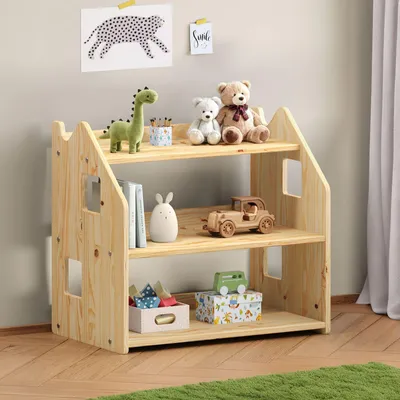 Produktbild von Kinderregal YASMIN 3 Ablagen natur - Montessori Regal für Spielzeug und Bücher, Kinderzimmer Aufbewahrung aus Kiefer Massivholz, Regalaufbewahrung