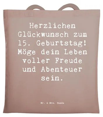 Produktbild von Mr. & Mrs. Panda Tote Bag Spruch 15. Geburtstag Glückwünsche - Braun Pastell - Geschenk, Glückwunsch, Abenteuer, Unitasche, Happy Birthday, Tragetasche, Shopping Tasche