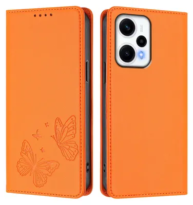 Obrázek produktu pro Kožené pouzdro pro Xiaomi Poco F5/Redmi Note 12 Turbo 5G, motýlí ražbou, peněženkové flip pouzdro se stojánkem Oranžová