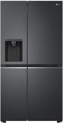 A front view of a black LG side-by-side refrigerator with a water dispenser.
