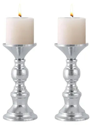 Productafbeelding van Solidchoice - Set van 2 Vintage Zilveren Kaarsenhouders voor Pilaren - Elegante Tafeldecoratie