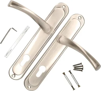 A set of door handles and installation hardware on a white background.