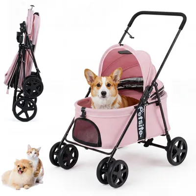 Immagine prodotto di COSTWAY, passeggino per cani pieghevole, con tettuccio parasole regolabile, 2 ingressi, 2 finestre a rete, ruote e freni, carrello per cani, passeggino per animali domestici fino a 15 kg
