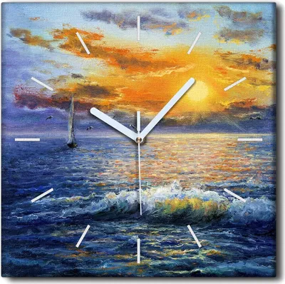 Produktbild von Coloray Uhr auf Leinwand 30x30 cm Wand Uhr Dekoration Wohnzimmer Segeltuch weiße Zeiger -Seesonnenuntergang