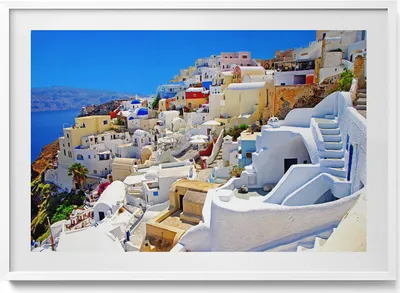 Produktbild von Griechenland Santorini– Wandbild mit Rahmen – Gerahmtes Bild  – Wanddekoration – 100x70 cm –  Weiß Rahmen