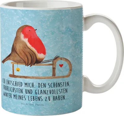 Produktbild von Mr. & Mrs. Panda Plastikbecher Rotkehlchen Schlitten - Eisblau - Geschenk, Haferl, Kindertasse, Pott, Kunststoffbecher, Weihnachten, Vogel, Mehrwegbecher, Winter