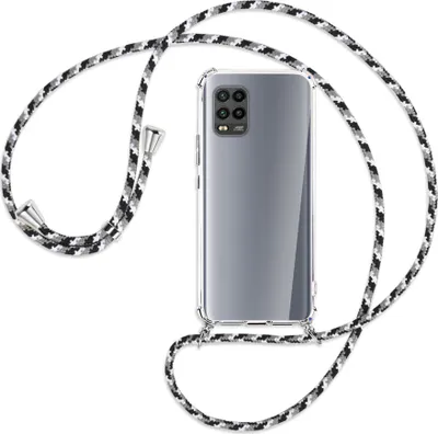 Produktbild von Handykette Backcover-Schutzhülle mit Band (Metall silberfarben) für Xiaomi Mi 10 Lite 5G (Zoom) - schwarz/grau/weiß