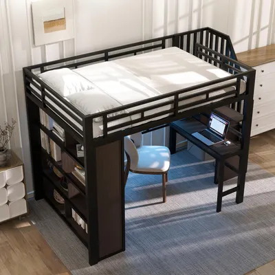 Produktbild von MODFU Jugendbett Funktionsbett 140x200 cm mit Schreibtisch und offenen Stauraumfächern,Bettgestell mit LED-Lichtleiste,Hochbett mit Sicherheitsgeländer,Mit Matratze,Schwarz