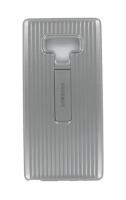 A grey Samsung phone case with a built-in stand.
