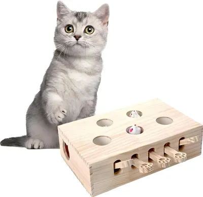 Produktbild von Interaktives Katzenspielzeug aus Holz – Whack-a-Mouse mit Plüschmäusen für Jagdspaß & Bewegung