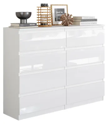 Produktbild von Kommode Weiß Matt / Weiß Hochglanz mit 8 Schubladen – Modernes Sideboard für Schlafzimmer & Wohnzimmer – Geräumige Kommode – GABRIEL