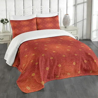 Produktbild von ABAKUHAUS Blumen Tagesdecke Set, Warmtonige Blüten mit gepunkteten Linien Wirbler in Barock Rokoko Effekt Design, 264 x 220 cm, Paprika Senf