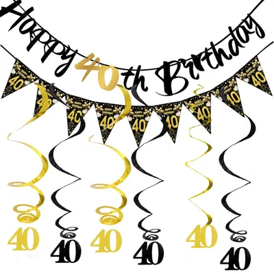 40. Geburtstag Deko Schwarz Gold, Happy Birthday Banner, 6 Hängespiralen