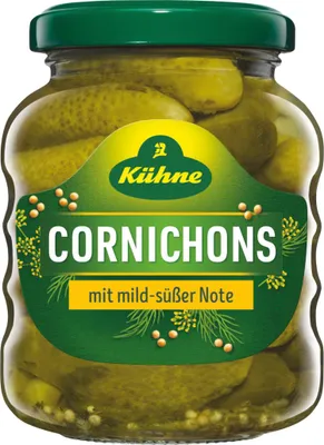 Zdjęcie produktu dla Korniszony słodkie Kühne z delikatnie słodką nutą ATG 110g słoik 212ml