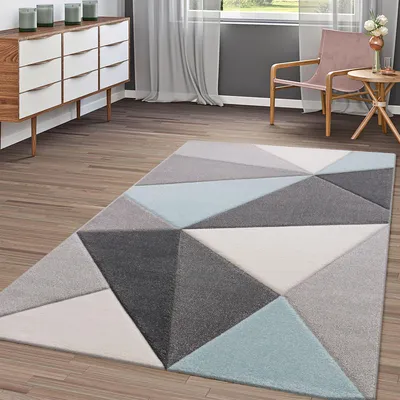 Produktbild von TT Home Modern Kurzflor Teppich Wohnzimmer Konturenschnitt Dreieck Design Pastell Türkis Größe 80x150 cm