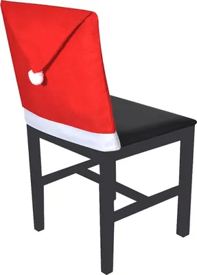 A chair with a red and white Santa hat-shaped cover on its back.