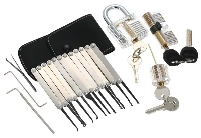 Produktbild von 15-teiliges Lockpicking-Set, Werkzeug mit drei transparenten Übungs-Vorhängeschlössern für Schlosser-Anfänger und Profis