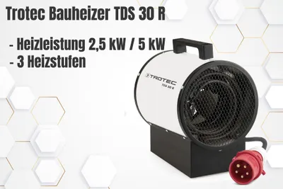 A Trotec Bauheizer TDS 30 R heater is shown with its specifications listed.