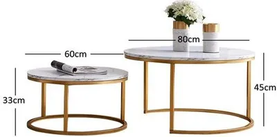 Obrázek produktu pro Fortuna Lai Konferenční stolek Sada 2 bočních stolků Kulatý stůl 80 x 45 cm a 60 x 33 cm Obývací stůl Rozkládací stůl Mramorový vzor Dřevěný stůl Kovový rám Zlatá barva