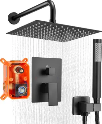 Zdjęcie produktu dla Kwadratowy system prysznicowy z matową czarną armaturą prysznicową i deszczownicą 254 mm