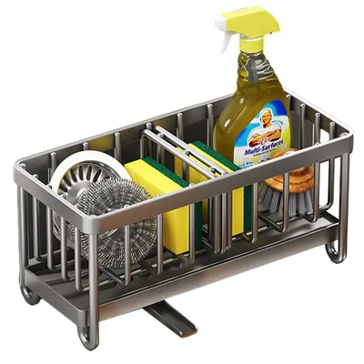 Produktbild von Schwammhalter Spülbecken mit Abflusspfanne,Küche Aufbewahrung Hängend ohne Bohren Arbeitsplatte Dual-Use,Spülen Organizer,（grau）