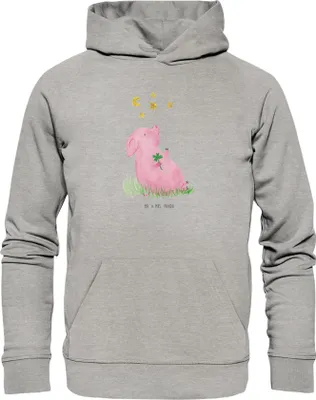 Produktbild von Mr. & Mrs. Panda Bedruckter Hoodie Schwein Glück Größe XS - Heather Grey - Geschenk, Motivation, Träume, Gute Laune, Ziele, Sweatshirt, Kapuzenpullover, Pulli mit Kapuze