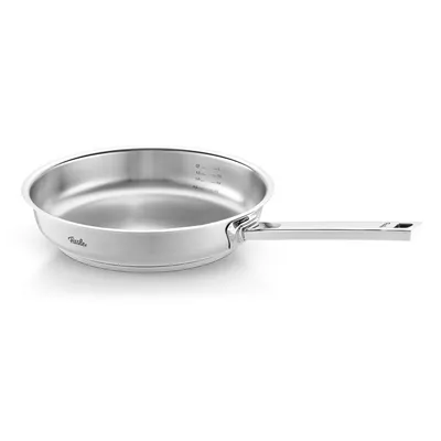 A stainless steel frying pan with a handle, shown from a side angle on a white background.