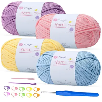 Produktbild von Häkelgarn 4er-Pack 100g grobes Baumwoll-Nylon-Mix mit 4mm Häkelnadel Lila Rosa Gelb Hellblau