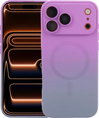 A smartphone with a purple and gray gradient case is shown.